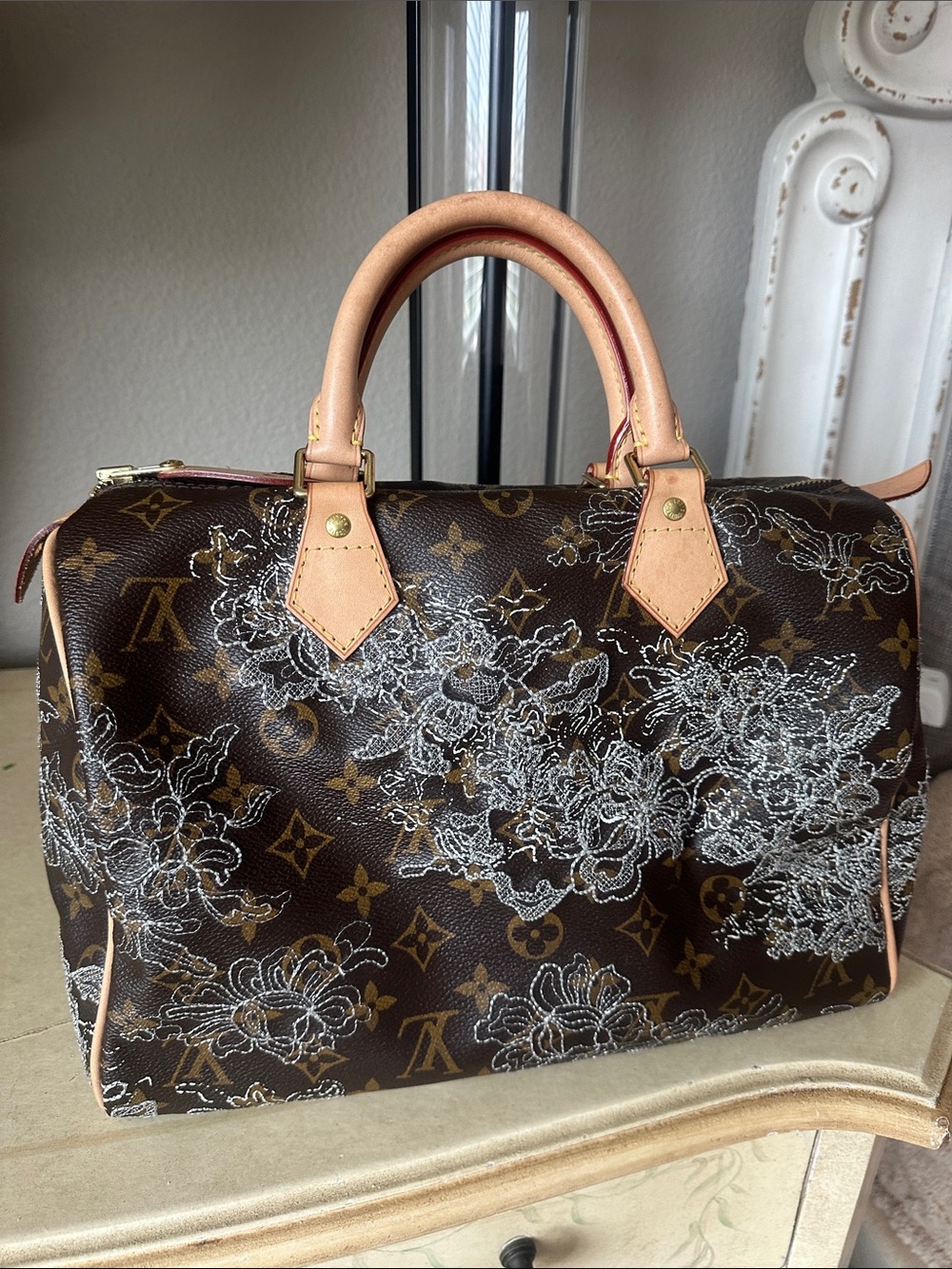 Louis Vuitton Brown Monogram Canvas Speedy with White Floral Lace Print